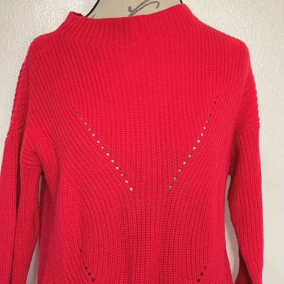 Loft Red Sweater Ribbed High Neckline Mock Chunky Knit Bell Sleeve Size Medium - Picture 5 of 12